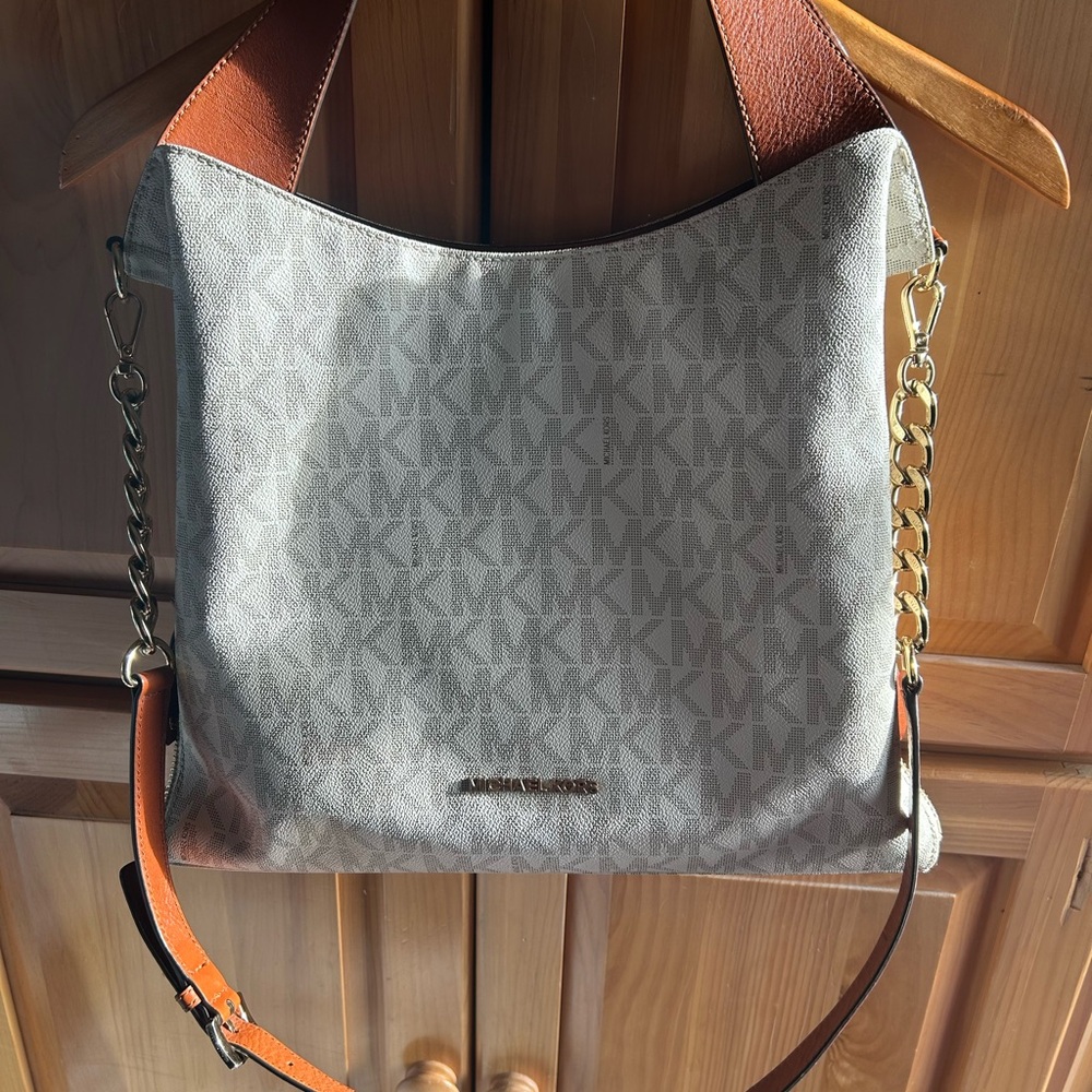 Michael Kors Gray and Tan Monogram Shoulder Bag